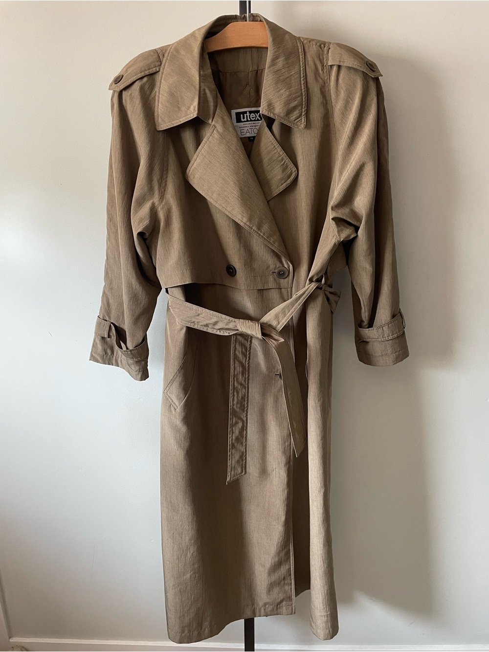 Vintage 80s 90s Utex Eatons Tan Double Breasted Trench Coat Belted Plus Size 16